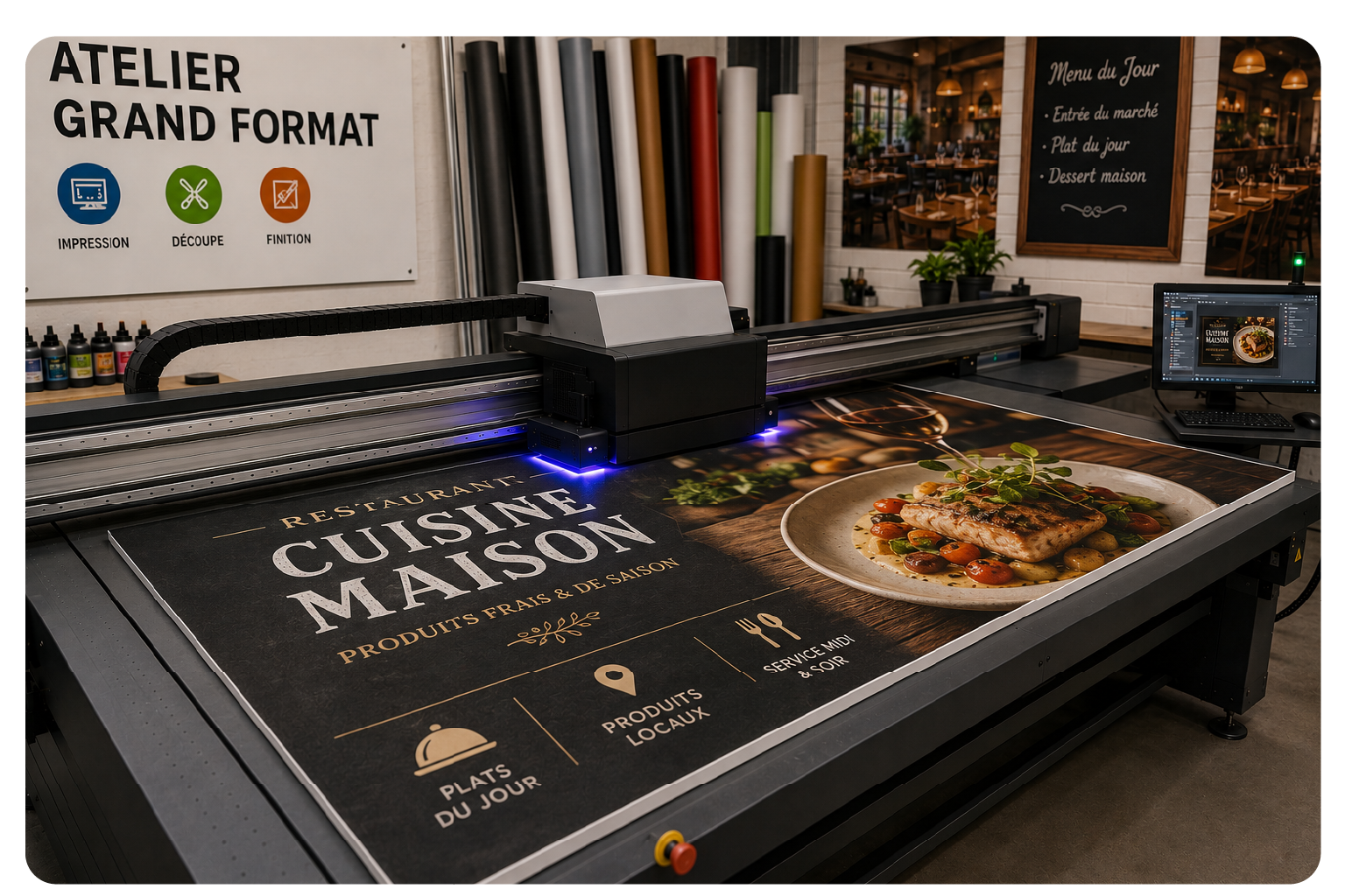 Fabrication d'un panneau hors format dans un atelier. On voit qu'il s'agit d'un panneau pour un restaurant avec écrit dessus "Cuisine Maison".